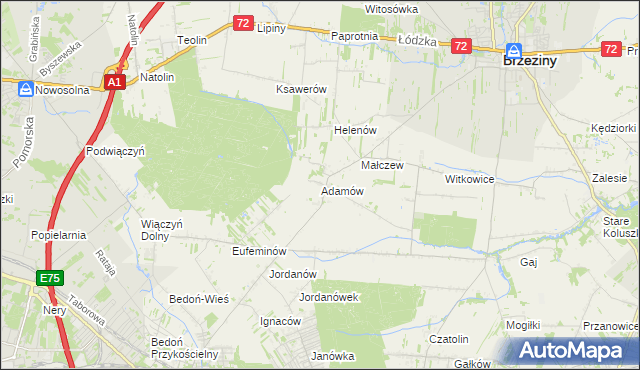 mapa Adamów gmina Brzeziny, Adamów gmina Brzeziny na mapie Targeo