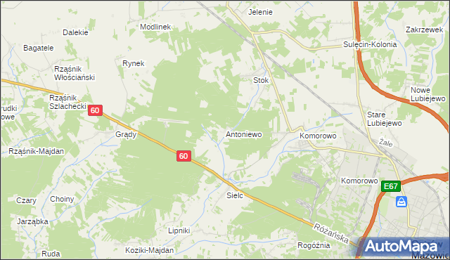 mapa Antoniewo gmina Ostrów Mazowiecka, Antoniewo gmina Ostrów Mazowiecka na mapie Targeo