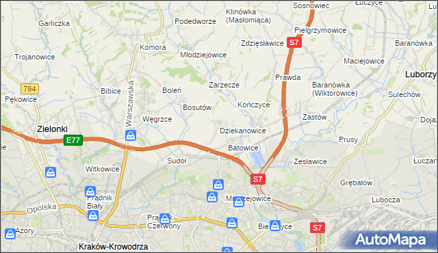 mapa Dziekanowice gmina Zielonki, Dziekanowice gmina Zielonki na mapie Targeo