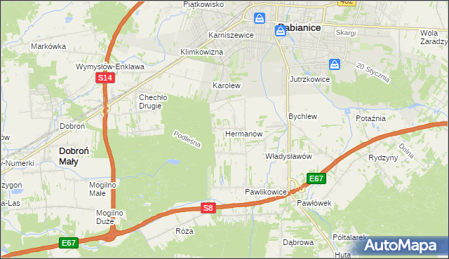 mapa Hermanów gmina Pabianice, Hermanów gmina Pabianice na mapie Targeo
