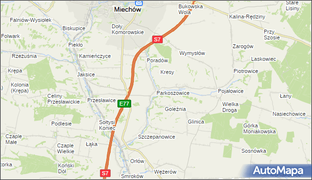 mapa Parkoszowice gmina Miechów, Parkoszowice gmina Miechów na mapie Targeo