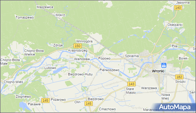 mapa Popowo gmina Wronki, Popowo gmina Wronki na mapie Targeo
