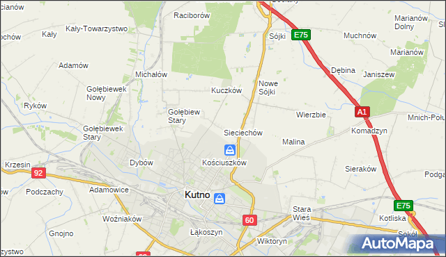 mapa Sieciechów gmina Kutno, Sieciechów gmina Kutno na mapie Targeo