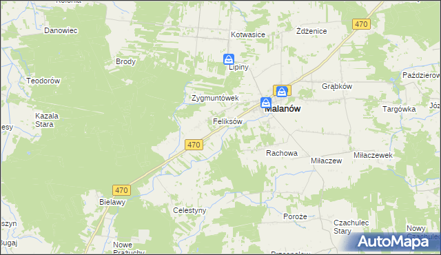 mapa Bielawy gmina Malanów, Bielawy gmina Malanów na mapie Targeo