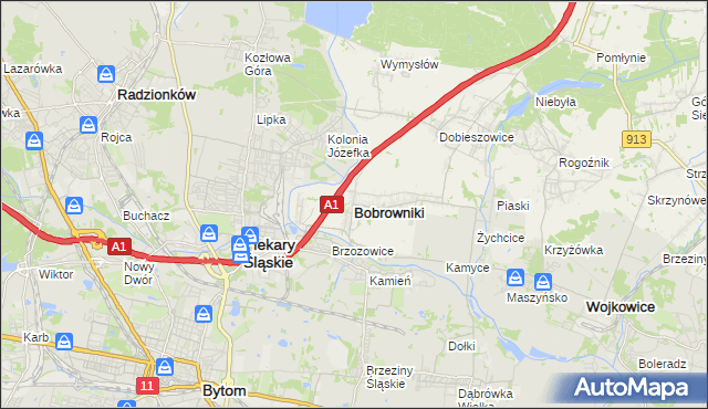 mapa Bobrowniki powiat będziński, Bobrowniki powiat będziński na mapie Targeo