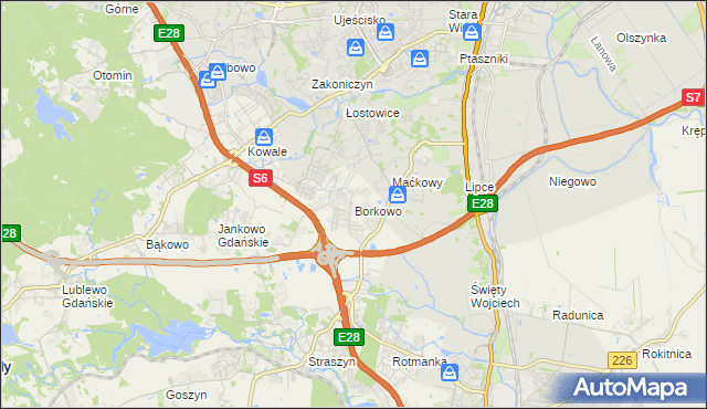 mapa Borkowo gmina Pruszcz Gdański, Borkowo gmina Pruszcz Gdański na mapie Targeo
