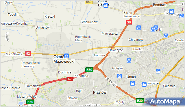 mapa Bronisze gmina Ożarów Mazowiecki, Bronisze gmina Ożarów Mazowiecki na mapie Targeo