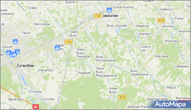 mapa Budy Michałowskie gmina Jaktorów, Budy Michałowskie gmina Jaktorów na mapie Targeo