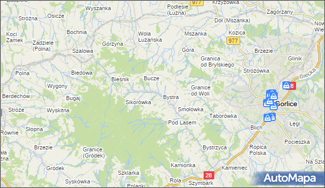 mapa Bystra gmina Gorlice, Bystra gmina Gorlice na mapie Targeo