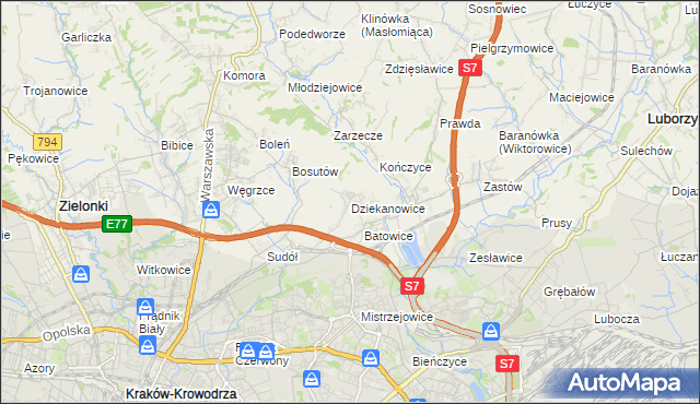 mapa Dziekanowice gmina Zielonki, Dziekanowice gmina Zielonki na mapie Targeo