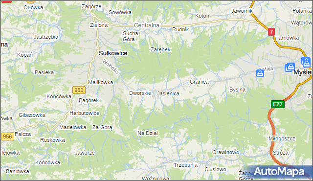 mapa Jasienica gmina Myślenice, Jasienica gmina Myślenice na mapie Targeo