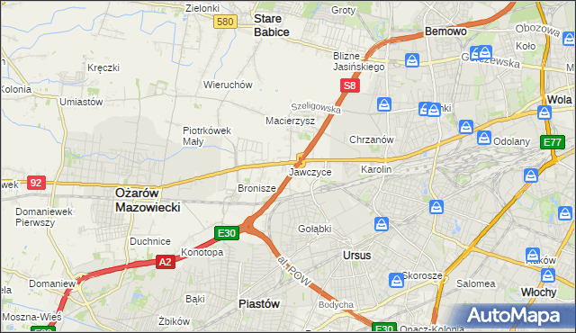 mapa Jawczyce gmina Ożarów Mazowiecki, Jawczyce gmina Ożarów Mazowiecki na mapie Targeo