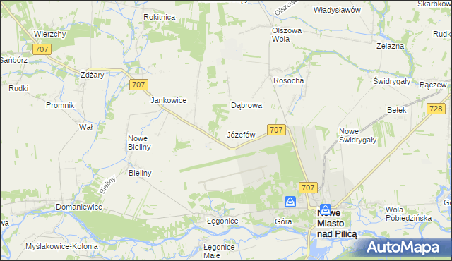 mapa Józefów gmina Nowe Miasto nad Pilicą, Józefów gmina Nowe Miasto nad Pilicą na mapie Targeo