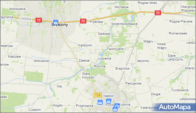 mapa Lisowice gmina Koluszki, Lisowice gmina Koluszki na mapie Targeo