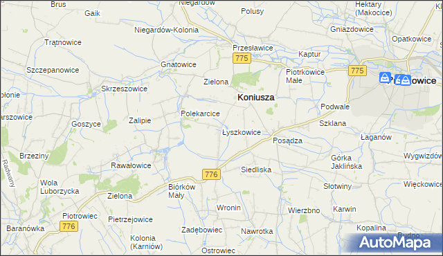 mapa Łyszkowice gmina Koniusza, Łyszkowice gmina Koniusza na mapie Targeo