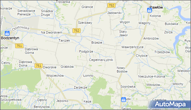 mapa Modrzewie gmina Pawłów, Modrzewie gmina Pawłów na mapie Targeo