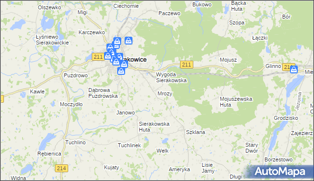 mapa Mrozy gmina Sierakowice, Mrozy gmina Sierakowice na mapie Targeo