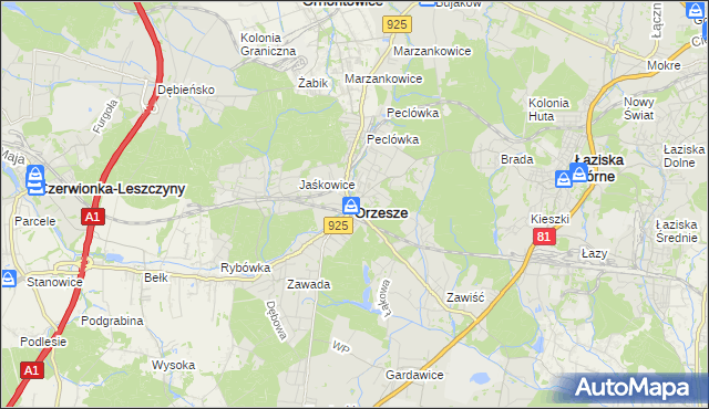mapa Orzesze powiat mikołowski, Orzesze powiat mikołowski na mapie Targeo