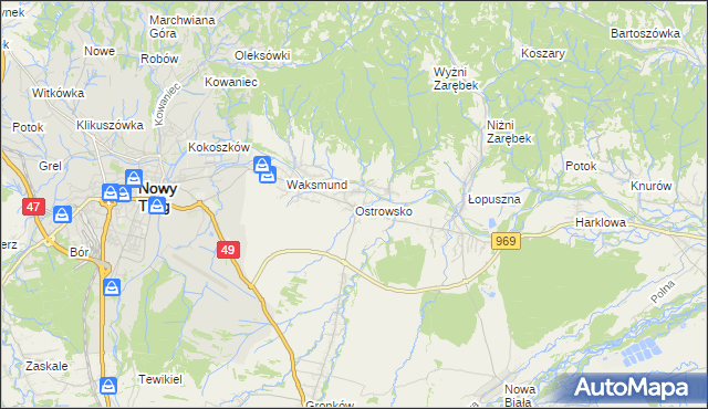mapa Ostrowsko gmina Nowy Targ, Ostrowsko gmina Nowy Targ na mapie Targeo