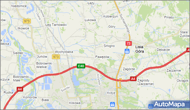 mapa Pawęzów gmina Lisia Góra, Pawęzów gmina Lisia Góra na mapie Targeo