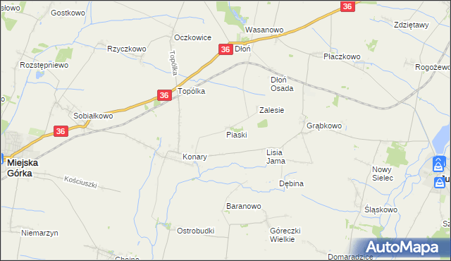mapa Piaski gmina Miejska Górka, Piaski gmina Miejska Górka na mapie Targeo