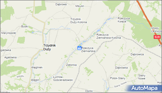 mapa Rzeczyca Ziemiańska, Rzeczyca Ziemiańska na mapie Targeo