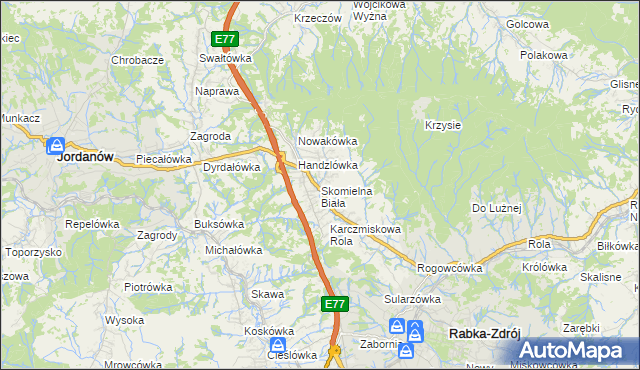 mapa Skomielna Biała, Skomielna Biała na mapie Targeo
