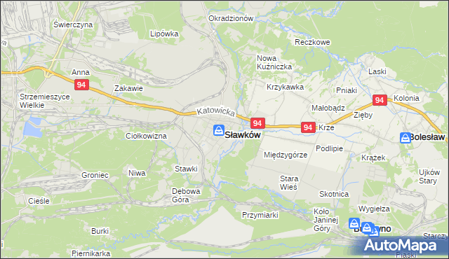 mapa Sławków powiat będziński, Sławków powiat będziński na mapie Targeo