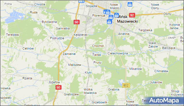 mapa Tartak gmina Mińsk Mazowiecki, Tartak gmina Mińsk Mazowiecki na mapie Targeo