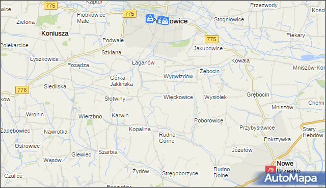 mapa Więckowice gmina Proszowice, Więckowice gmina Proszowice na mapie Targeo