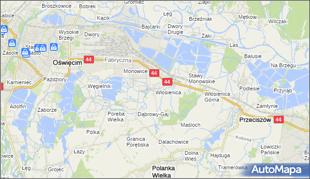 mapa Włosienica gmina Oświęcim, Włosienica gmina Oświęcim na mapie Targeo