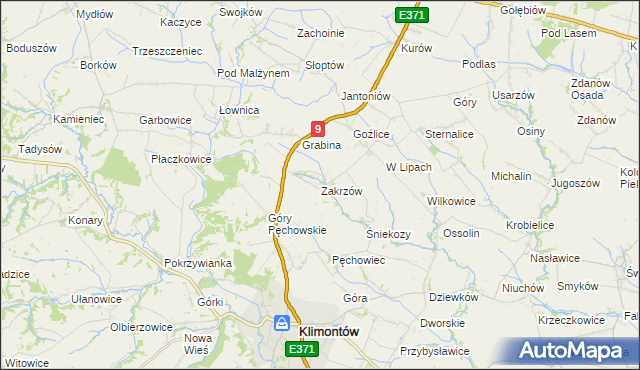 mapa Zakrzów gmina Klimontów, Zakrzów gmina Klimontów na mapie Targeo