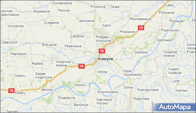 mapa Koszyce powiat proszowicki, Koszyce powiat proszowicki na mapie Targeo