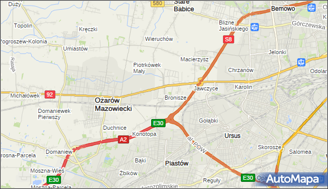 mapa Bronisze gmina Ożarów Mazowiecki, Bronisze gmina Ożarów Mazowiecki na mapie Targeo