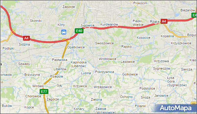 mapa Wróblowice gmina Kraków, Wróblowice gmina Kraków na mapie Targeo