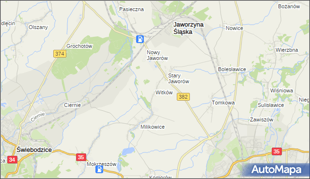 mapa Witków gmina Jaworzyna Śląska, Witków gmina Jaworzyna Śląska na mapie Targeo