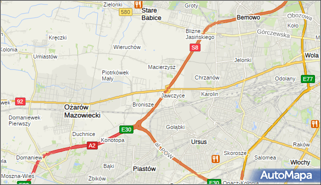 mapa Jawczyce gmina Ożarów Mazowiecki, Jawczyce gmina Ożarów Mazowiecki na mapie Targeo