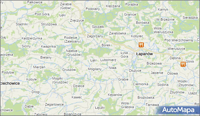 mapa Lubomierz gmina Łapanów, Lubomierz gmina Łapanów na mapie Targeo