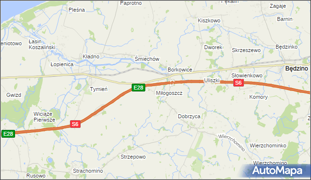 mapa Miłogoszcz gmina Będzino, Miłogoszcz gmina Będzino na mapie Targeo