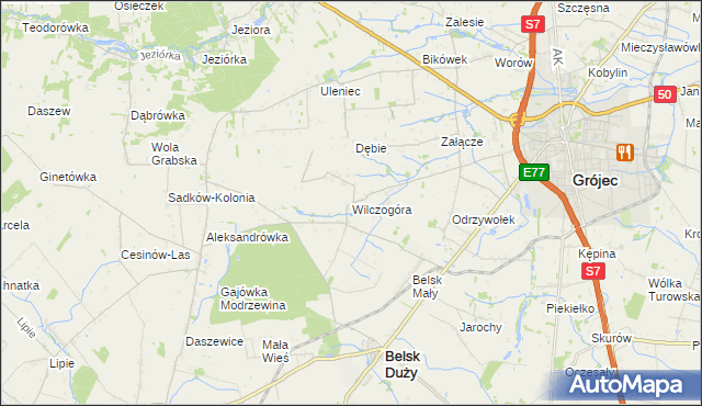 mapa Wilczogóra gmina Belsk Duży, Wilczogóra gmina Belsk Duży na mapie Targeo