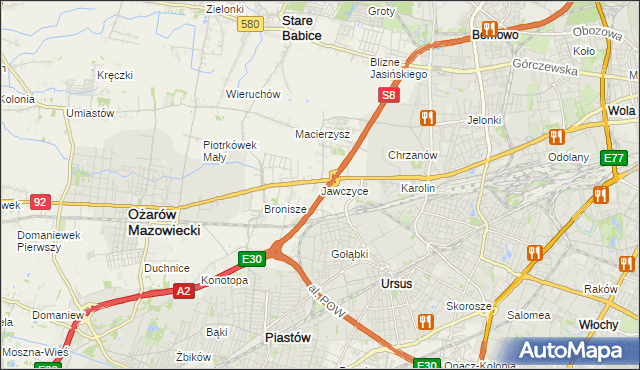 mapa Jawczyce gmina Ożarów Mazowiecki, Jawczyce gmina Ożarów Mazowiecki na mapie Targeo