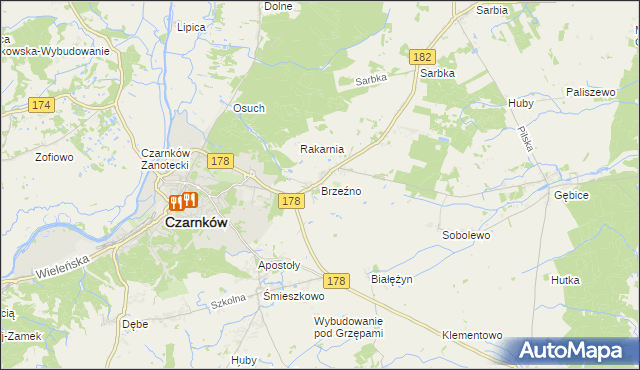 mapa Brzeźno gmina Czarnków, Brzeźno gmina Czarnków na mapie Targeo