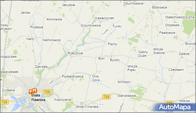mapa Byki gmina Biała Rawska, Byki gmina Biała Rawska na mapie Targeo