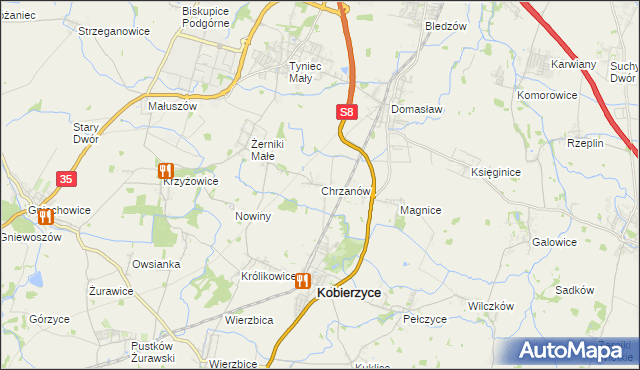 mapa Chrzanów gmina Kobierzyce, Chrzanów gmina Kobierzyce na mapie Targeo
