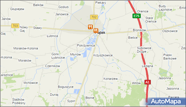 mapa Krzyszkowice gmina Piątek, Krzyszkowice gmina Piątek na mapie Targeo
