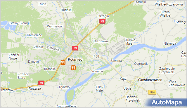 mapa Łęg gmina Połaniec, Łęg gmina Połaniec na mapie Targeo