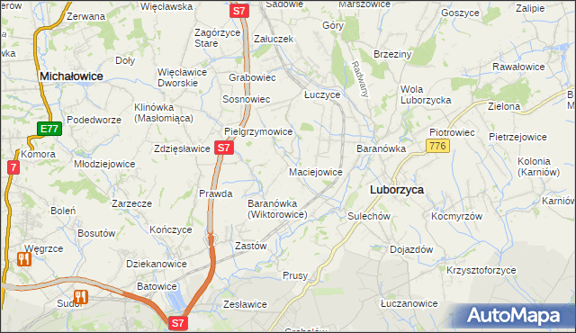 mapa Maciejowice gmina Kocmyrzów-Luborzyca, Maciejowice gmina Kocmyrzów-Luborzyca na mapie Targeo