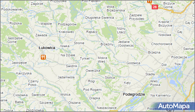 mapa Mokra Wieś gmina Podegrodzie, Mokra Wieś gmina Podegrodzie na mapie Targeo