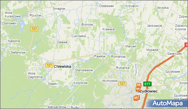 mapa Pawłów gmina Chlewiska, Pawłów gmina Chlewiska na mapie Targeo