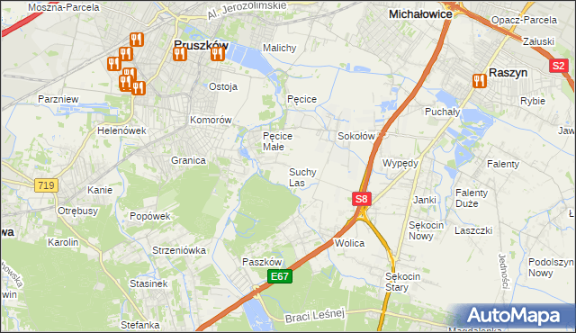 mapa Suchy Las gmina Michałowice, Suchy Las gmina Michałowice na mapie Targeo